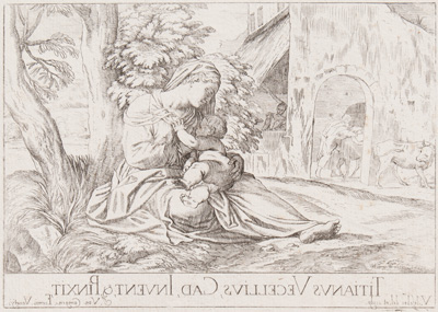 Titian etching from 1682 THE VIRGIN NURSING THE CHRIST CHILD